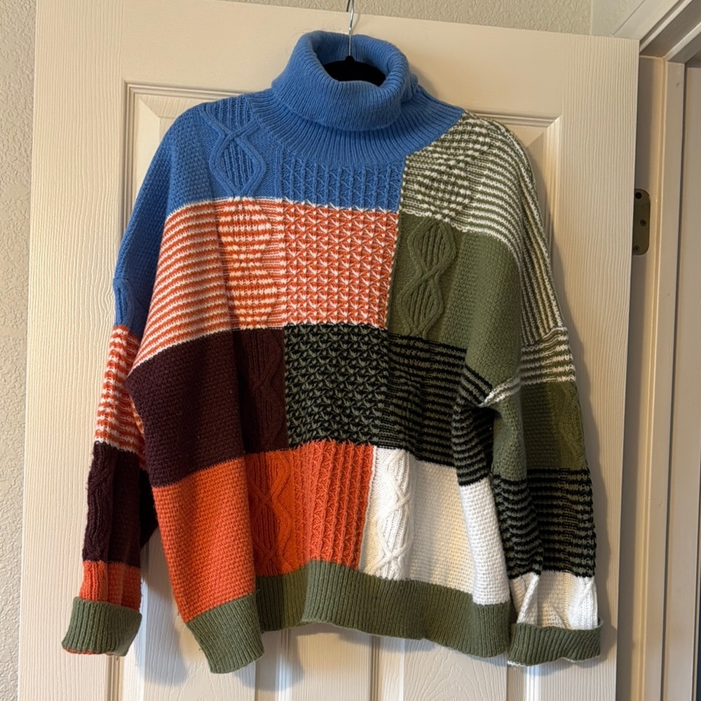 Colorful Patchwork Turtleneck Sweater - image 1